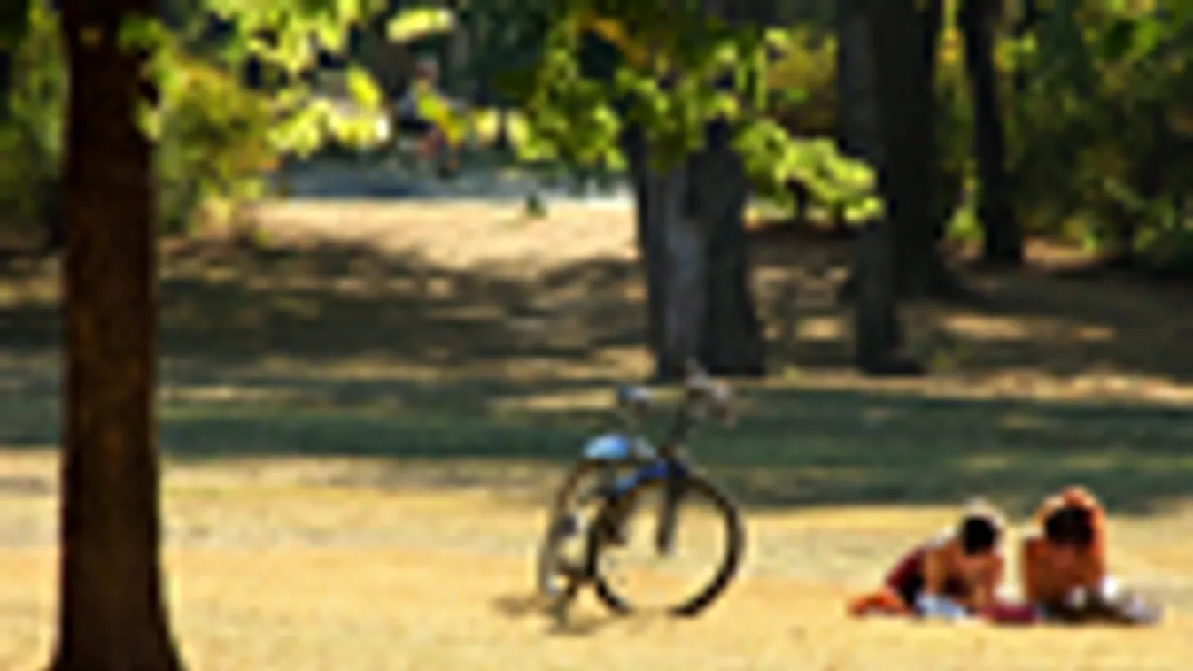 napsütés, derült idő, A késő nyári napsütésben a Városliget sárguló gyepén pihent meg két kerékpáros fiatal