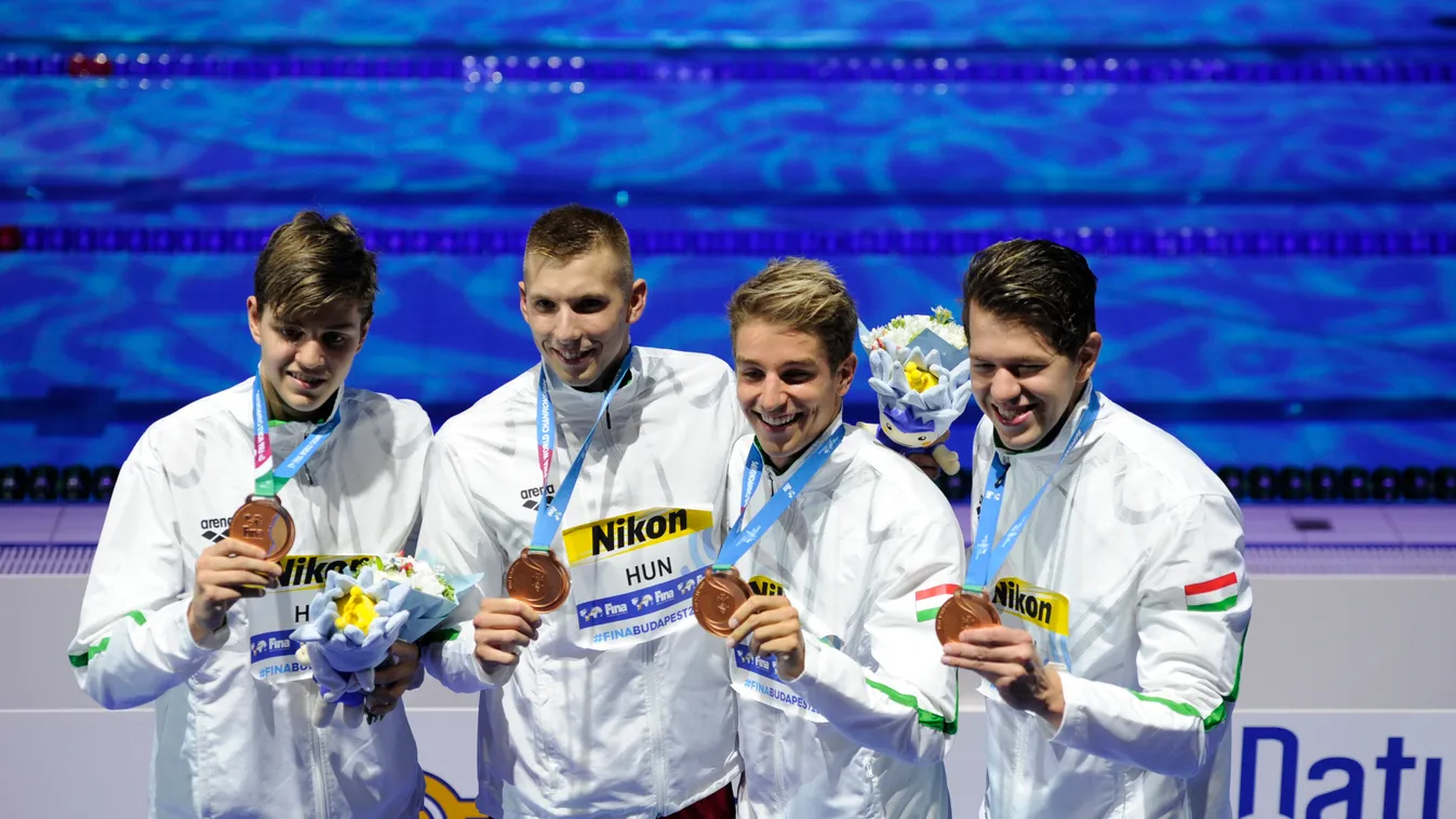 Kulcsszavak:Úszás Vizes vb, FINA2017, férfi 4x100 gyorsváltó, Kozma Dominik, Németh Nándor, Holoda Péter, Bohus Richárd. bronzérem, eredményhirdetés 