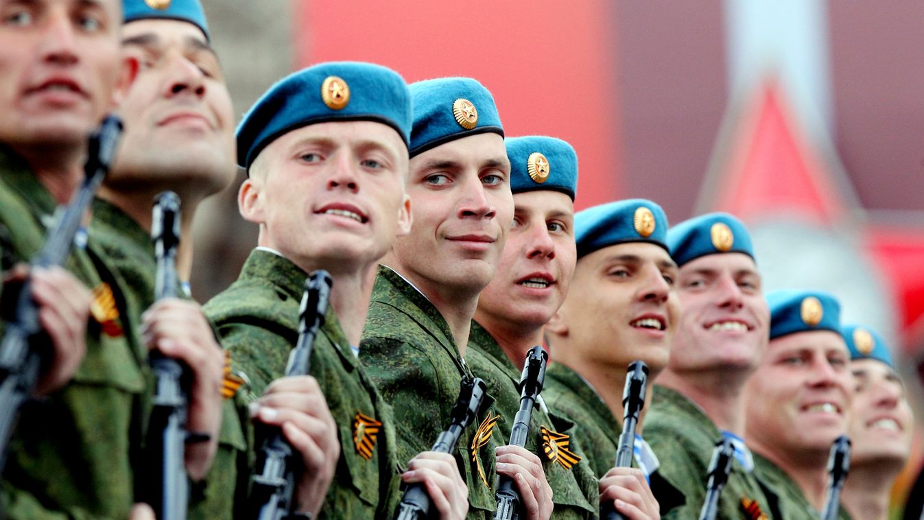 Military parade on 66th anniversary of Victory in Great Patriotic War column formation weapon HORIZONTAL Parade detachment of the Russian Airborne Forces marching along Red Square during a military parade held on the 66th anniversary of victory in the Gre