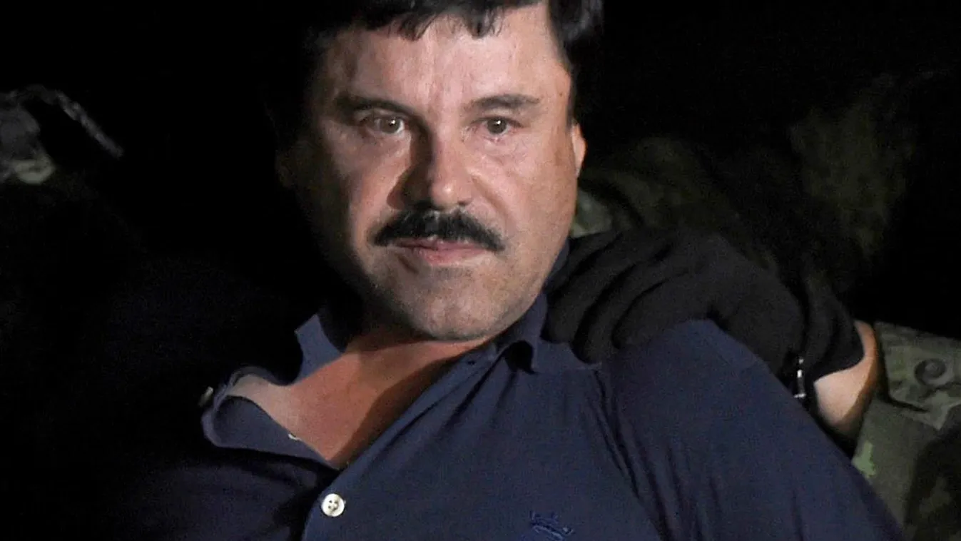 Horizontal CRIME DRUG TRAFFICKING DRUG DEALER ARREST (FILES) In this file photo taken on January 8, 2016 Drug kingpin Joaquin "El Chapo" Guzman is escorted into a helicopter at Mexico City's airport following his recapture during an intense military opera