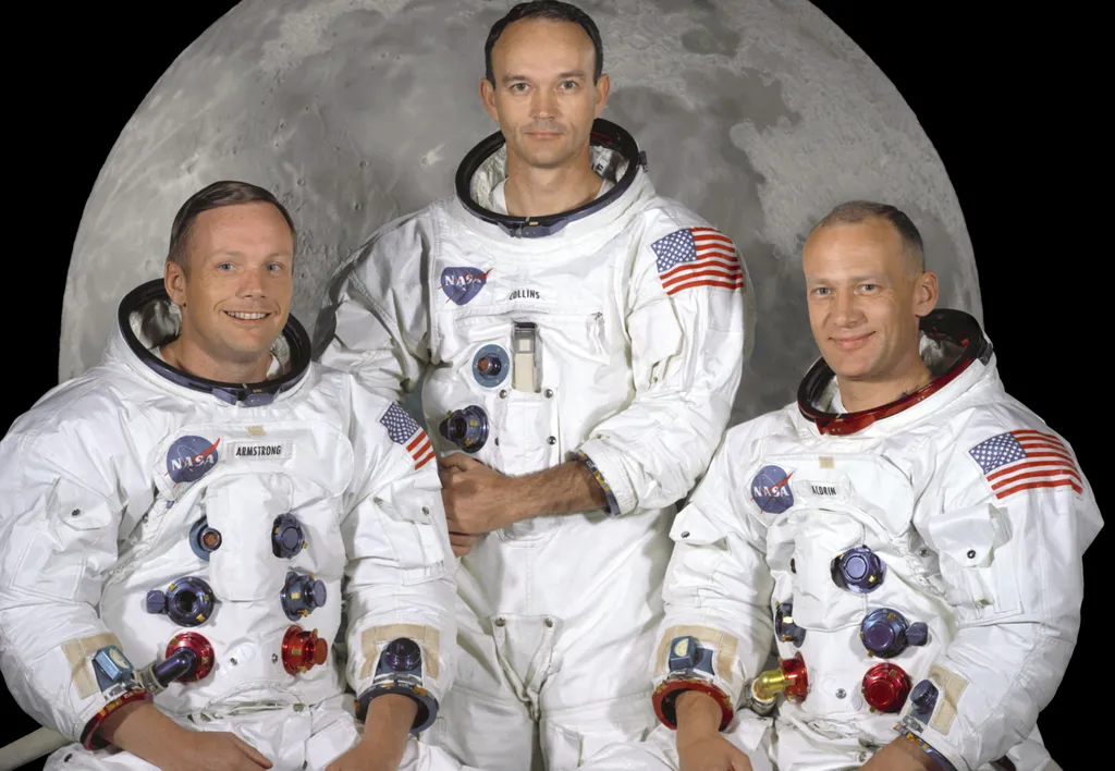 Apollo 11 Crew Neil Armstrong Edwin Aldrin Buzz Aldrin Michael Collins Mike Collins Eagle Columbia Sea of Tranquility Moon Portrait of the prime crew of the Apollo 11 lunar landing mission. From left to right they are: Commander, Neil A. Armstrong, Comman