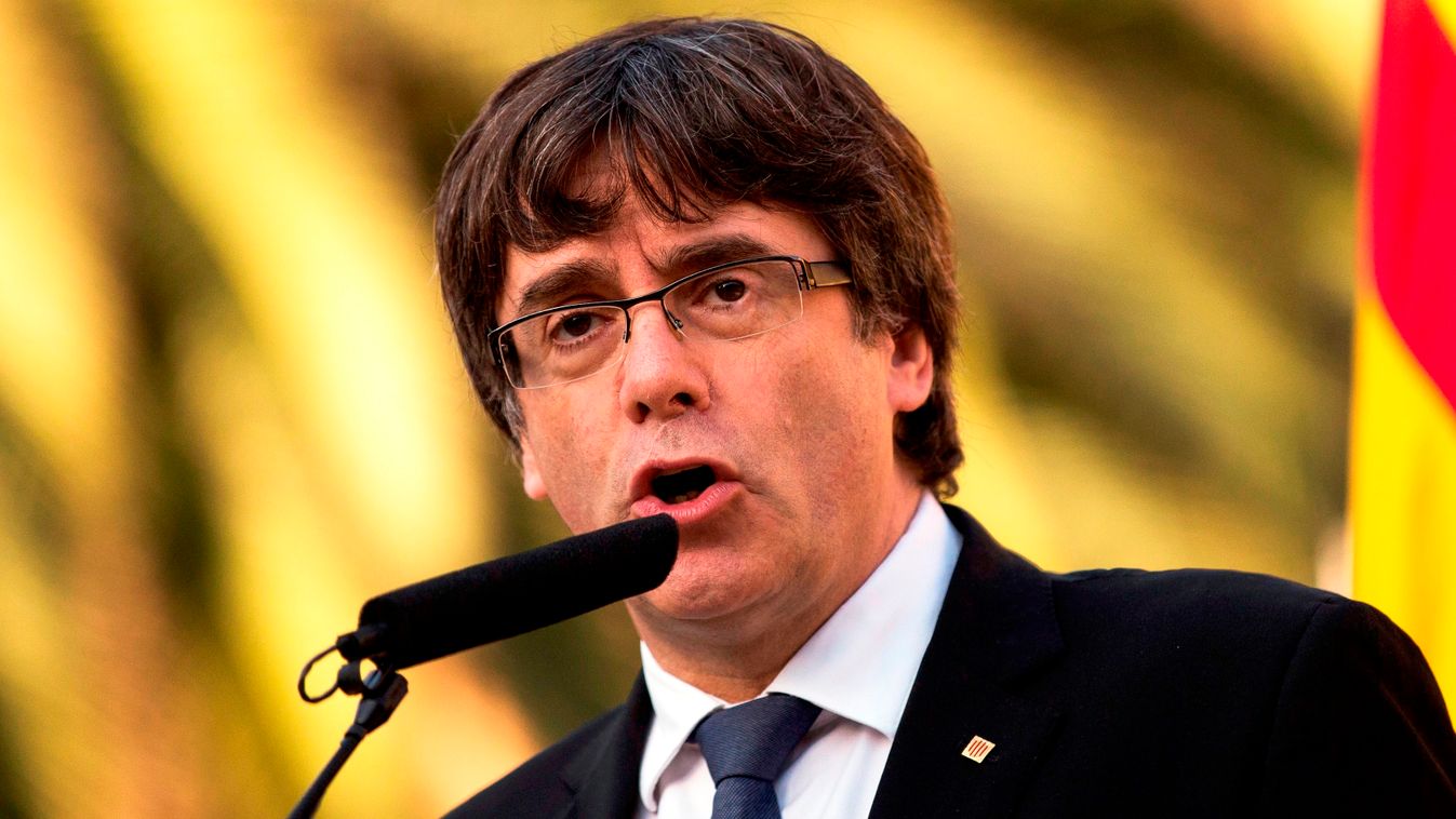 politics Horizontal Catalan regional government president Carles Puigdemont delivers a speech on the sidelines of a wreath-laying ceremony commemorating the 77th anniversary of the death of Catalan leader Lluis Companys at the Montjuic Cemetery in Barcelo