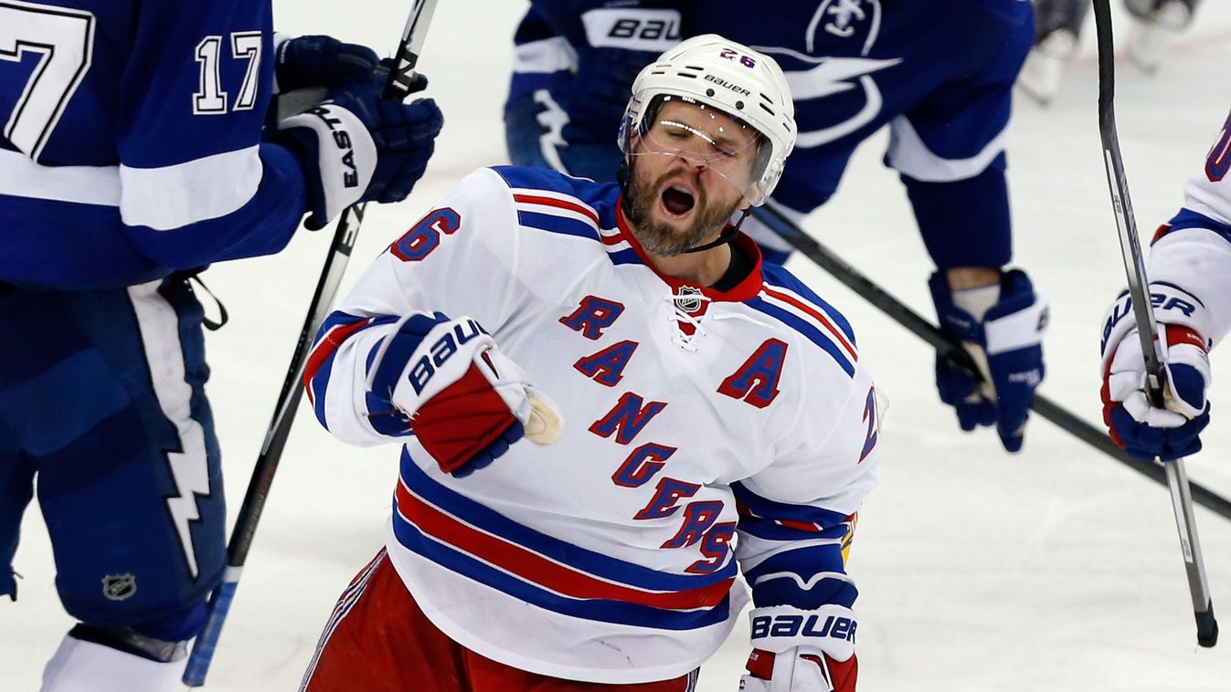 New York Rangers v Tampa Bay Lightning - Game Four GettyImageRank2 People SPORT HORIZONTAL ICE HOCKEY Scoring USA Florida - USA Tampa COMMEMORATION Four People Tampa Bay Lightning Martin St. Louis National Hockey League Playoffs Stanley Cup Playoffs agian