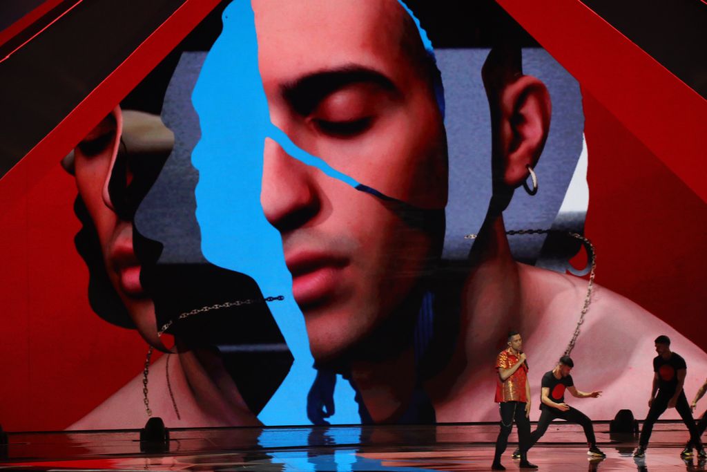 18 May 2019, Israel, Tel Aviv: Mahmood from Italy performs in the final of the Eurovision Song Contest (ESC) 2019. Photo: Ilia Yefimovich/dpa 