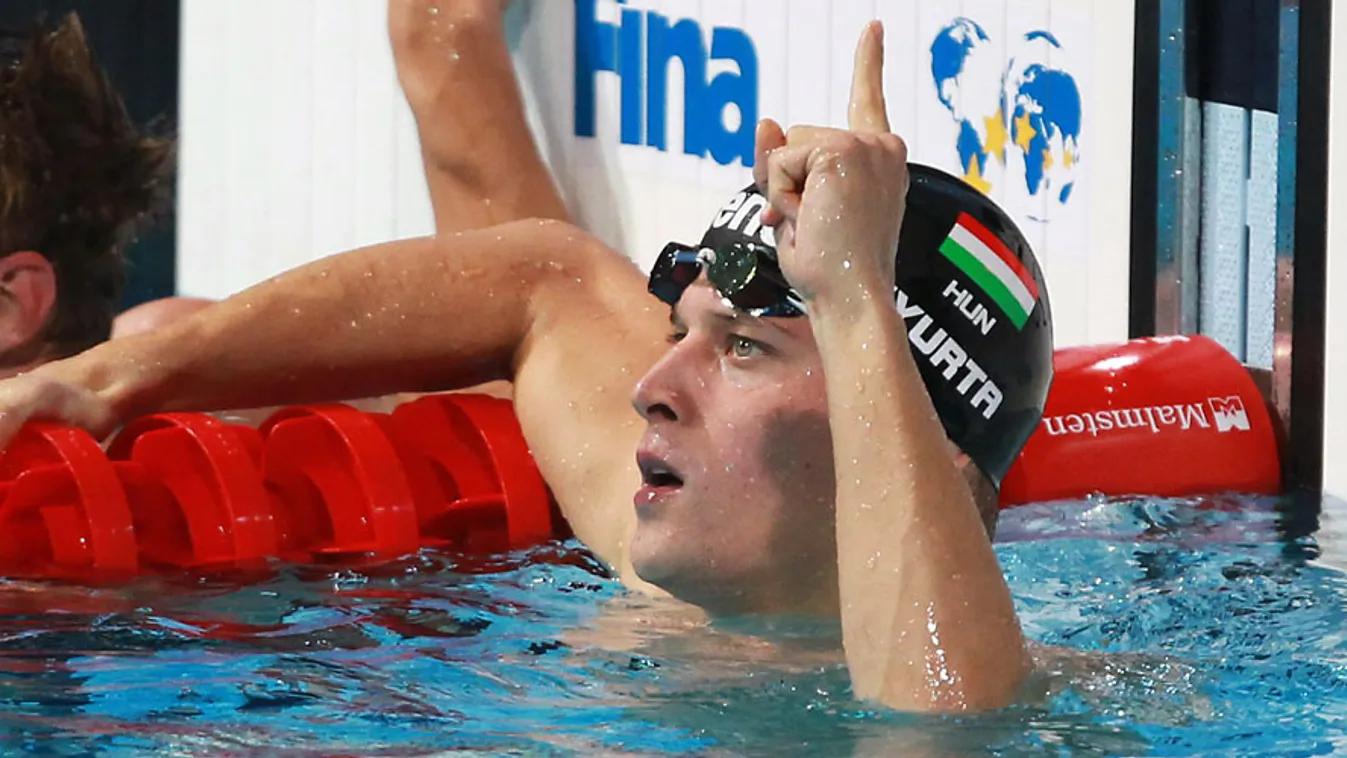 Gyurta Dániel a férfi 200 méteres mellúszás döntője után a barcelonai vizes világbajnokságon 2013. augusztus 2-án. A magyar úszó megnyerte a versenyt. 