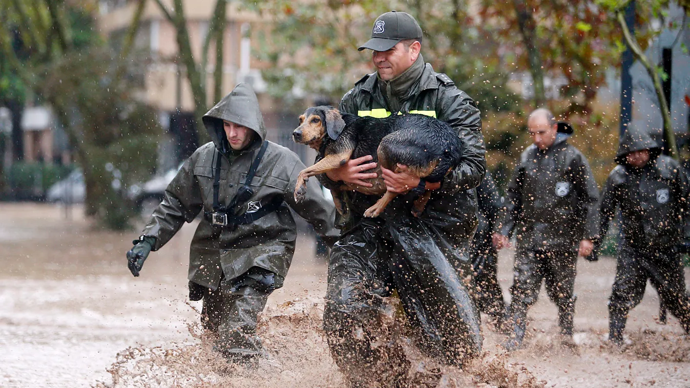 Vízből kimenekített kutyát visz az ölében egy chilei rendőr Santiago de Chilében 