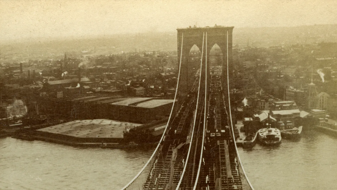 Brooklyn híd, 140, Brooklyn from one of the towers of the Suspension Bridge, New York, USA.Artist: Kilburn Brothers city water building buildings architecture cable New York New 