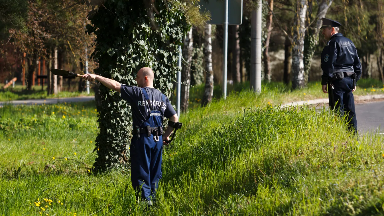 Zalaegerszeg, 2015. április 12.
Rendőrök fémdetektorokkal kutatják át az erdős, füves területet Zalaegerszegen, a Balatoni úti parkerdőben 2015. április 12-én, ahol az éjjel meggyilkoltak egy 18 éves lányt. Az emberölés gyanúsítottja egy 21 éves, főiskolá