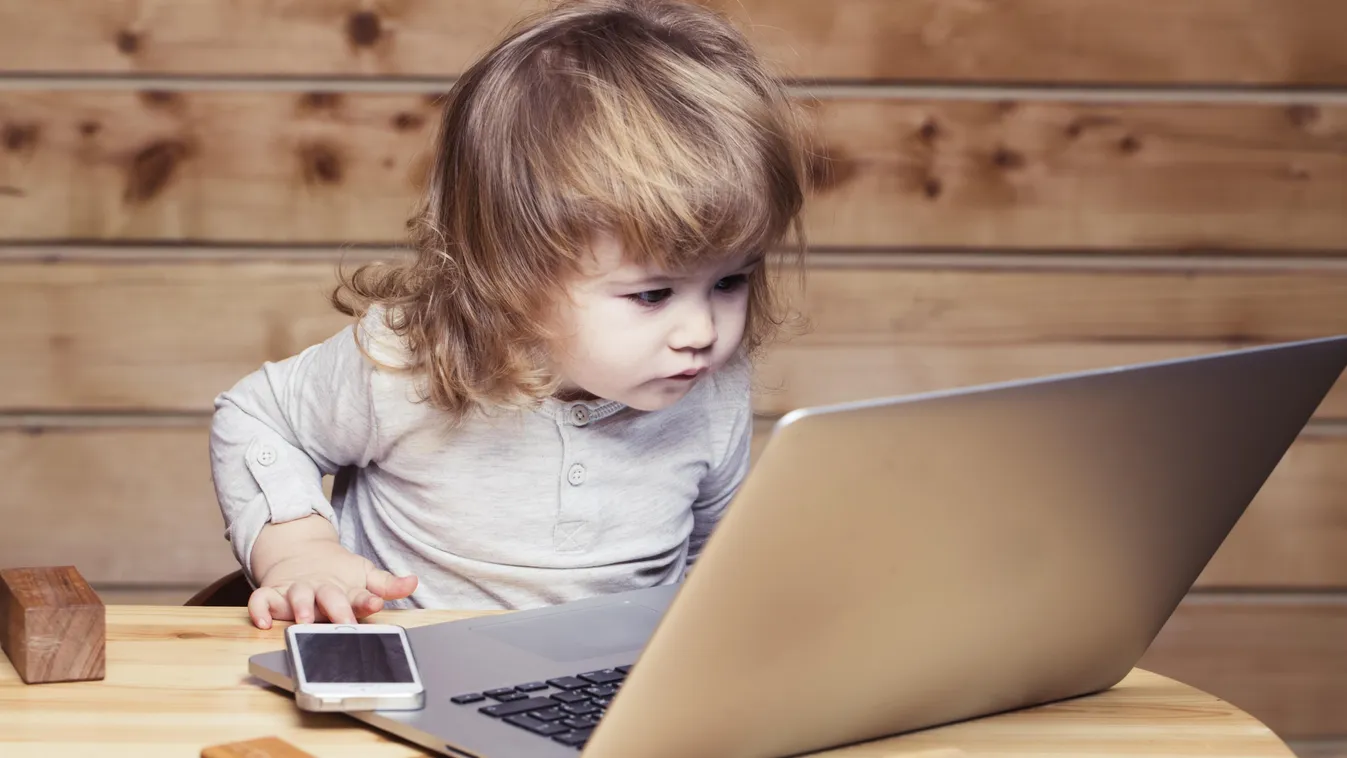 Small boy with computer and phone toddler building fun boy playing cute lifestyle adorable joy kid child little computer laptop mobile phone mobile phone telephone cubes toys playful happy builder leisure baby activity emotional white sitting interest set