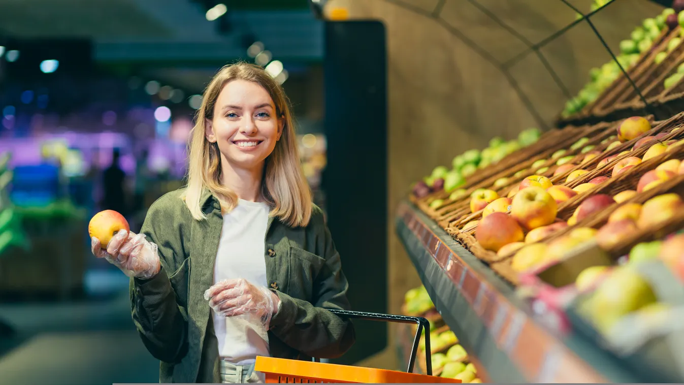 Vásárlás, gyümölcs, szupermarket, illusztráció 