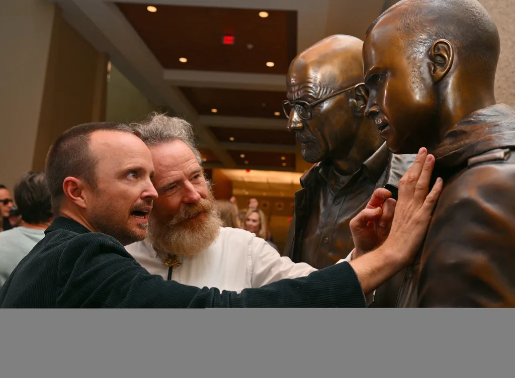 Sony Pictures Television Hosts "Breaking Bad" Statues Unveiling Featuring Bryan Cranston And Aaron Paul GettyImageRank1 Character People Theatrical Performance Examining USA New Mexico Albuquerque - New Mexico Representing Color Image Two People Photograp