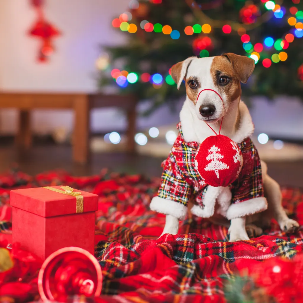 kutya karácsony ruha 
 Dog,Under,A,Christmas,Tree.,Pet,With,Gift.,Happy,New deer,gift,decorate,reindeer,happy,winter,cute,holiday,humorous,s 