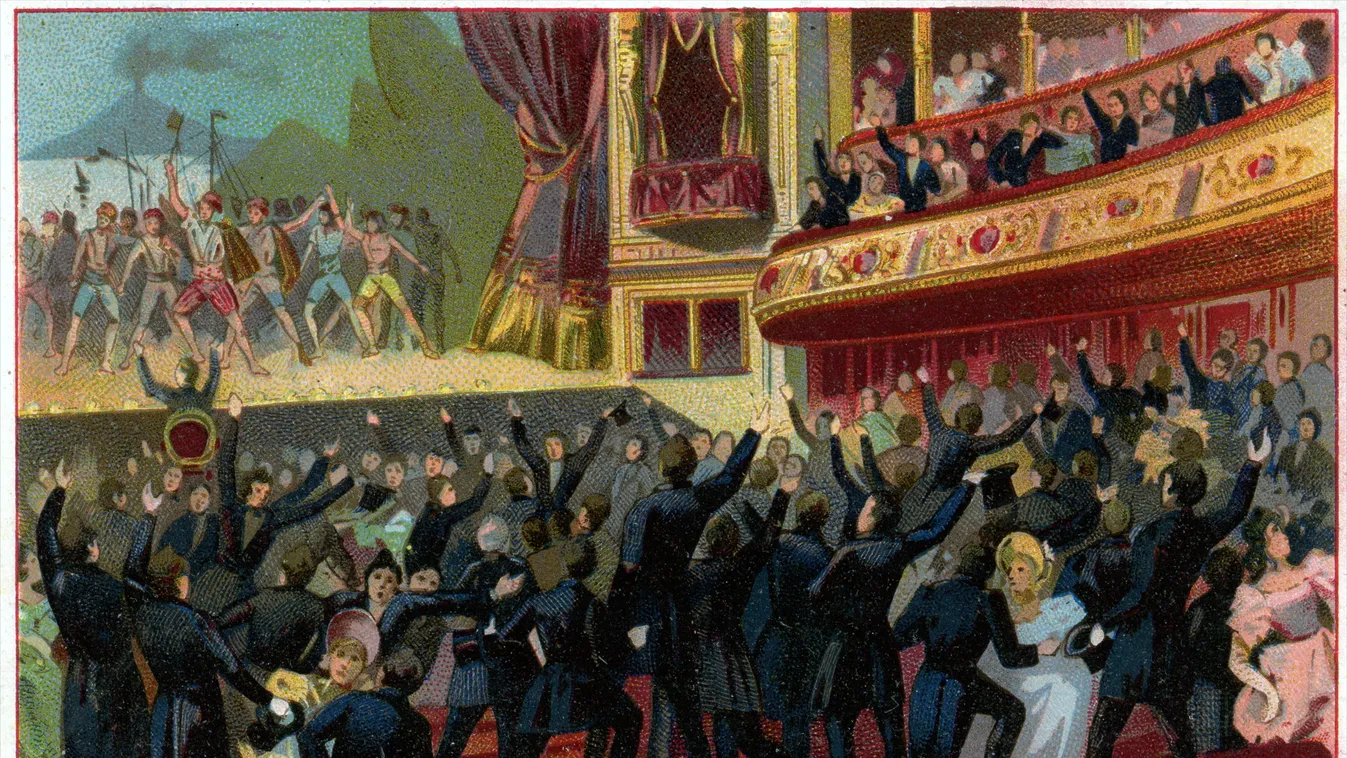 AA555718: Theatre 19th century revolutions UNREST riots 1830s audience auditorium rioting POLITICS political germany low countries theatre places low countries HISTORY operatic costumes characters SQUARE FORMAT 