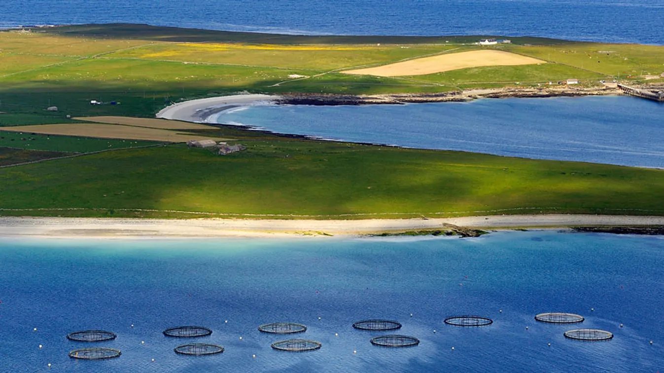 United Kingdom, Scotland, Orkney Islands, Papa Westray Island, fish farm at sea 