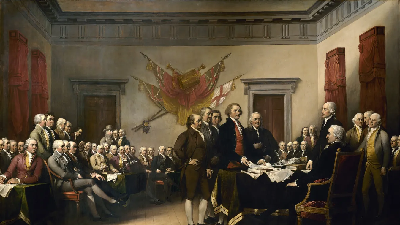 John Trumbull's painting, Declaration of Independence, depicting the five-man drafting committee of the Declaration of Independence presenting their work to the Congress.  Függetlenségi nyilatkozat 