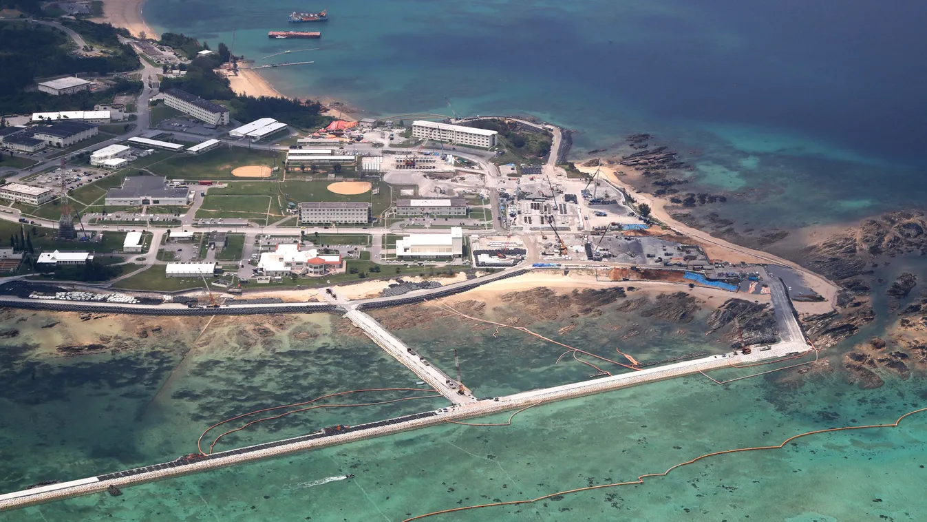 An aerial photo shows the relocation work of the U.S. Marine Corps' Futenma Air Station in Okinawa Prefecture progresses in the Henoko coastal area of Nago in the Prefecture on July 27, 2018. Okinawa Prefectural governor Takeshi Onaga held a press confere