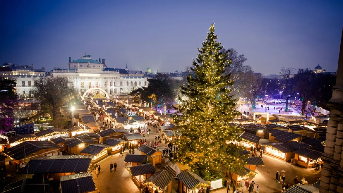 Karácsonyi vásár Bécs, karácsonyfa, izzók, ünnepi fények 