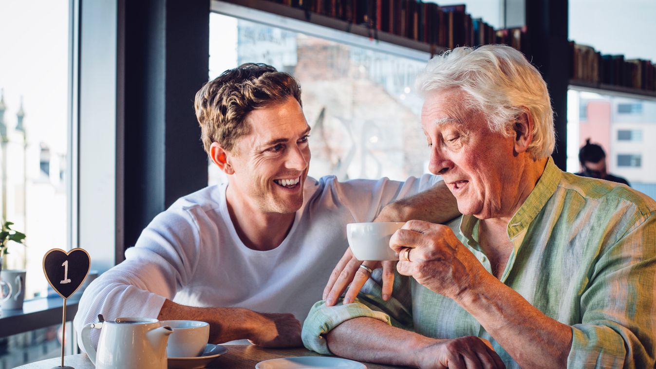 Proud son enjoying a coffee with his mature dad Real People Male Beauty Coffee Break Toothy Smile Leisure Activity Coffee Cup Only Men Men Males Copy Space Weekend Activities Coffee Shop 35-39 Years 70s Senior Adult Adult Smiling Talking Sitting Drinking 