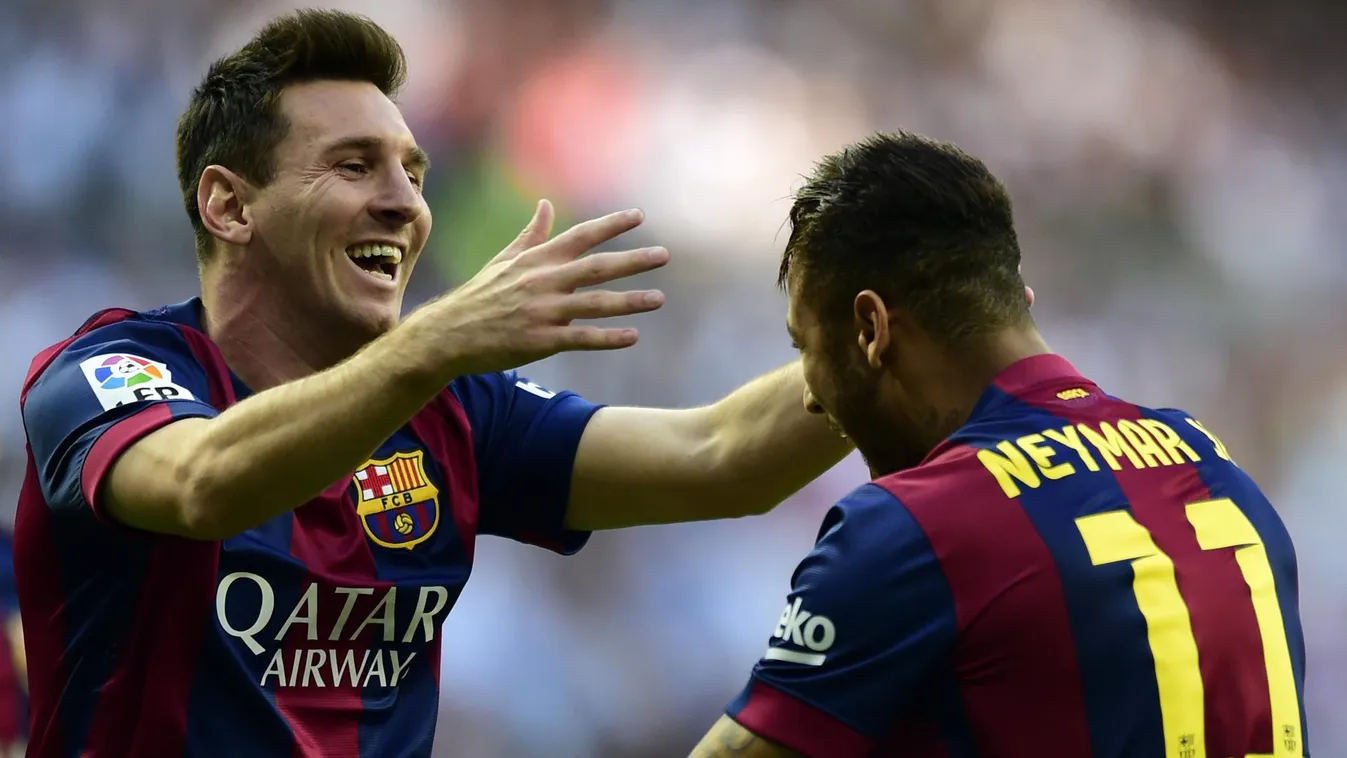 504075869 Barcelona's Brazilian forward Neymar da Silva Santos Junior (R) celebrates wirh Barcelona's Argentinian forward Lionel Messi after scoring their first team goal during the Spanish league football match Real Madrid CF vs FC Barcelona at the Santi