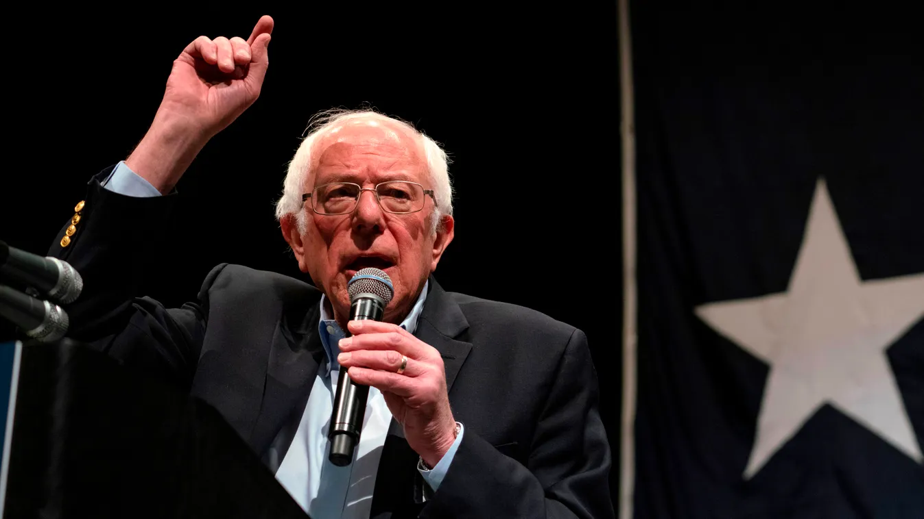 election vote Horizontal Democratic presidential hopeful Vermont Senator Bernie Sanders gestures as he speaks during a rally at the Abraham Chavez Theater on February 22, 2020 in El Paso, Texas. - Leftist Bernie Sanders took an early lead on February 22 i