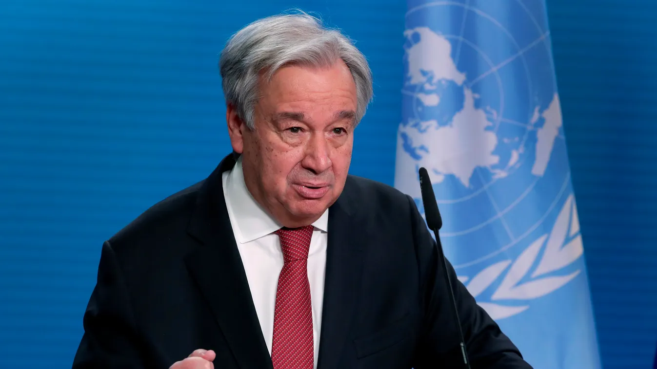 Horizontal HEADSHOT UN Secretary-General Antonio Guterres attends a joint press conference with the German Foreign Minister after a meeting in Berlin, on December 17, 2020. (Photo by Michael Sohn / POOL / AFP) 