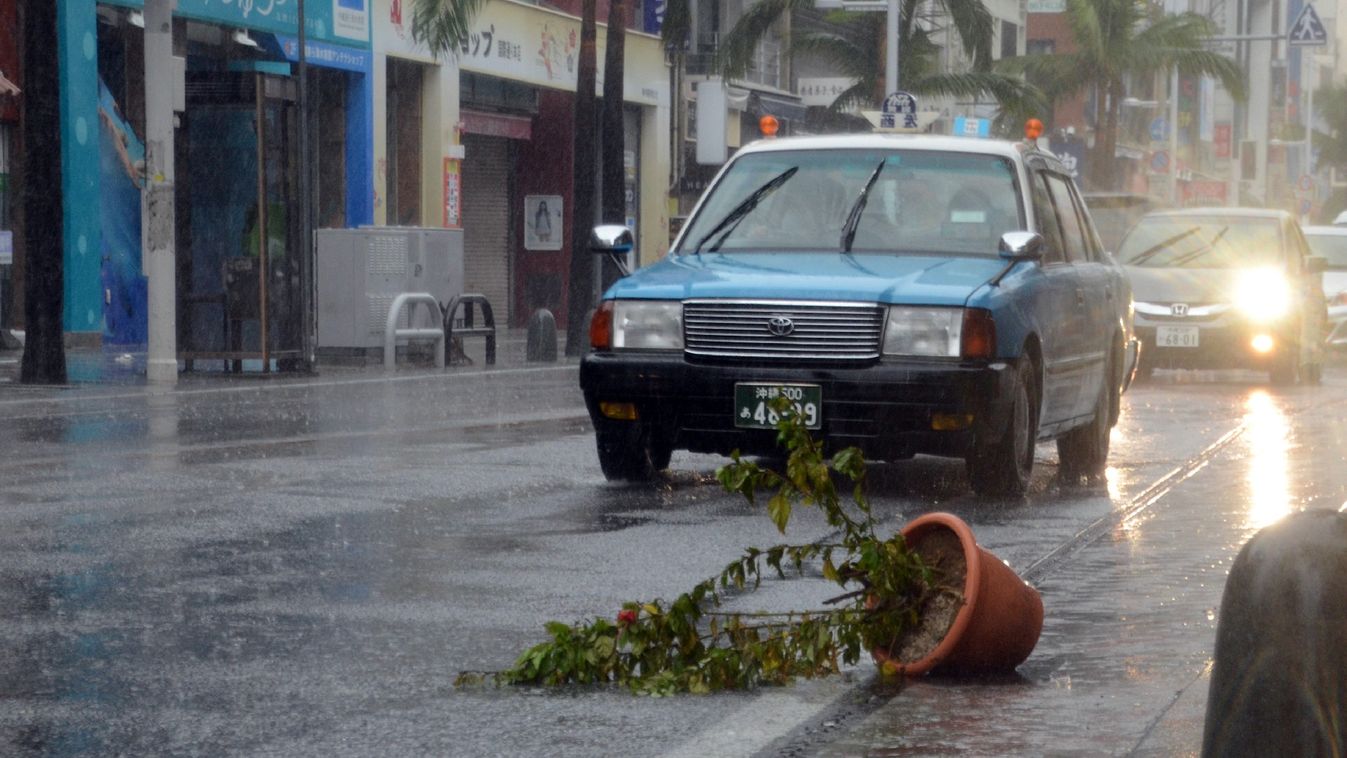 Cars drive past a potted plant strewn on the road after strong wind caused by strong typhoon Vongfong at Naha in Japan's southern island of Okinawa on October 11, 2014. Powerful typhoon Vongfong churned towards Japan, injuring at least a dozen people as i