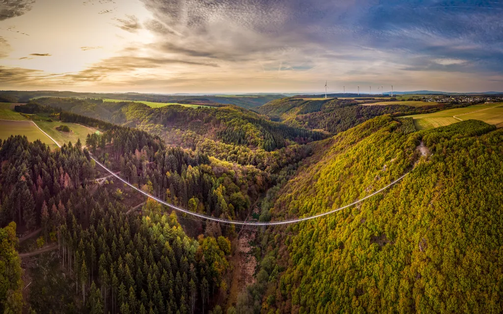 Geierlay, híd, függőhíd, gyalogos, kötélhíd, kábelhíd, erdei, turista, Németország 
