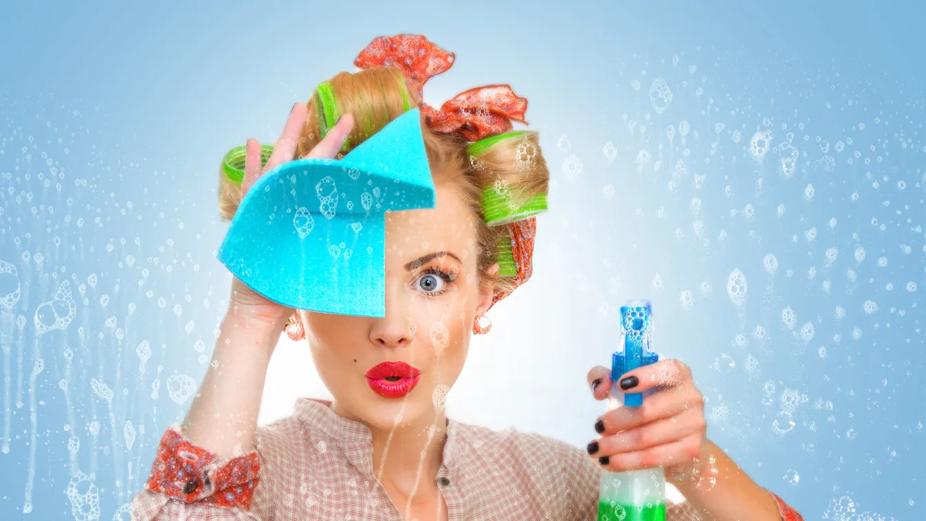 Funny housewife with rag / wipe and cleaning Foam Pin-Up Girl Liquid Soap Chores Stereotypical Housewife Women Rag Scrubbing Facial Expression Housework Homework Young Adult Adult Cleaning Spraying Caucasian Creativity Humor Glass Dirty Ideas Close-up Hai