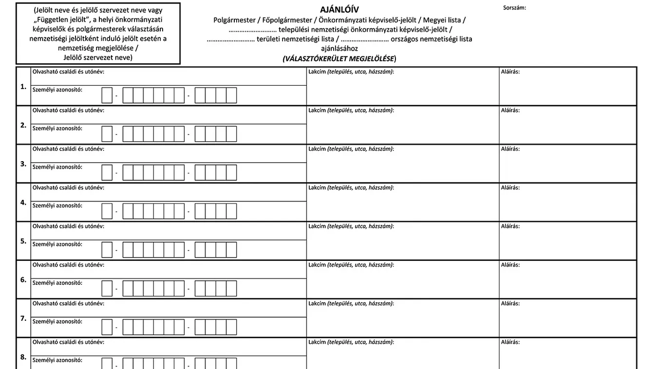 szavazási önkormányzati választás ajánlóív polgármester főpolgármester 