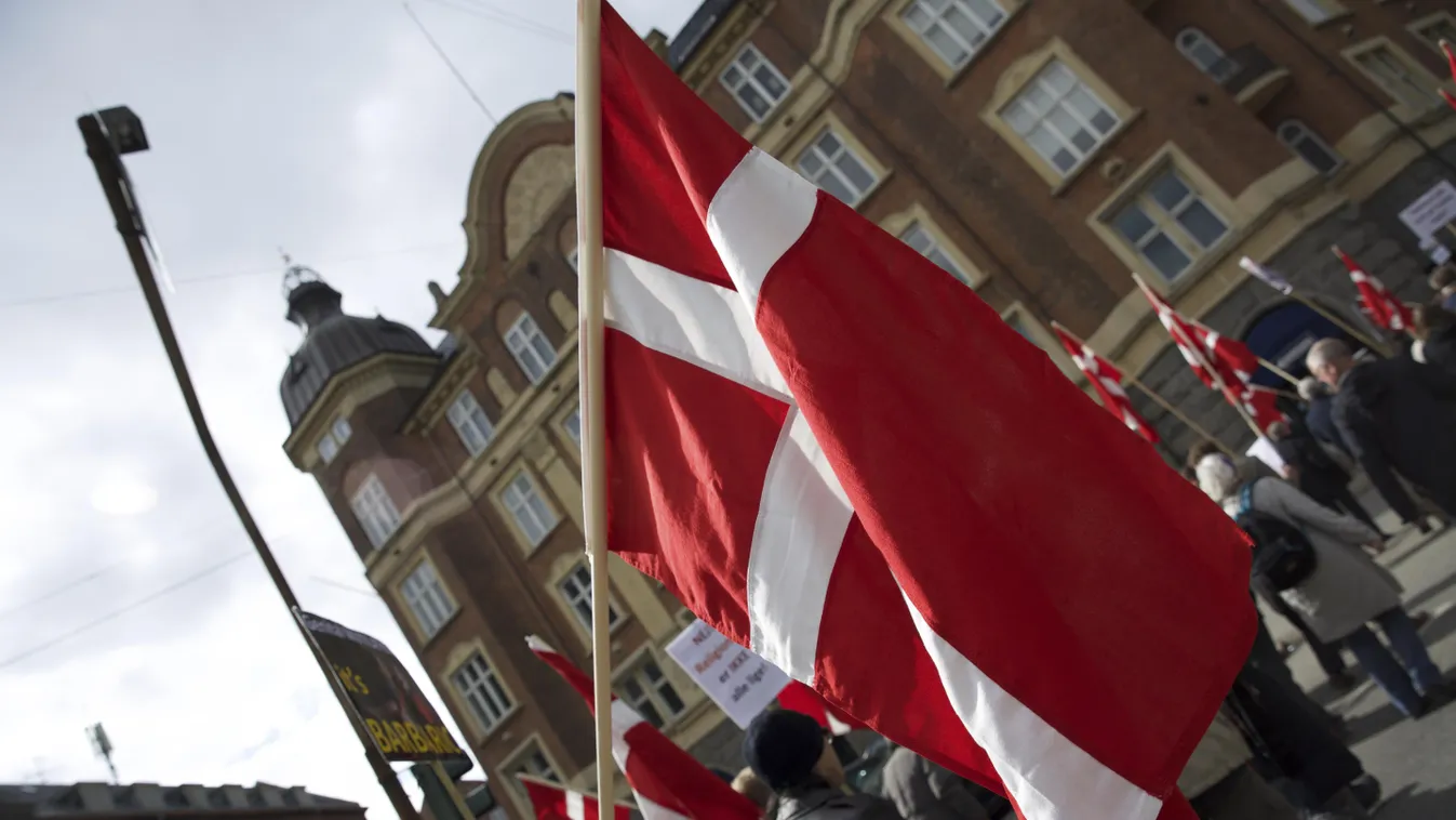 Pro and anti Pegida demonstrations in Copenhagen Pegida demonstrations Danish flag anti pegida For Frihed freedom migrant RIOT police demo protest news NurPhoto Copenhagen Denmark SQUARE FORMAT 