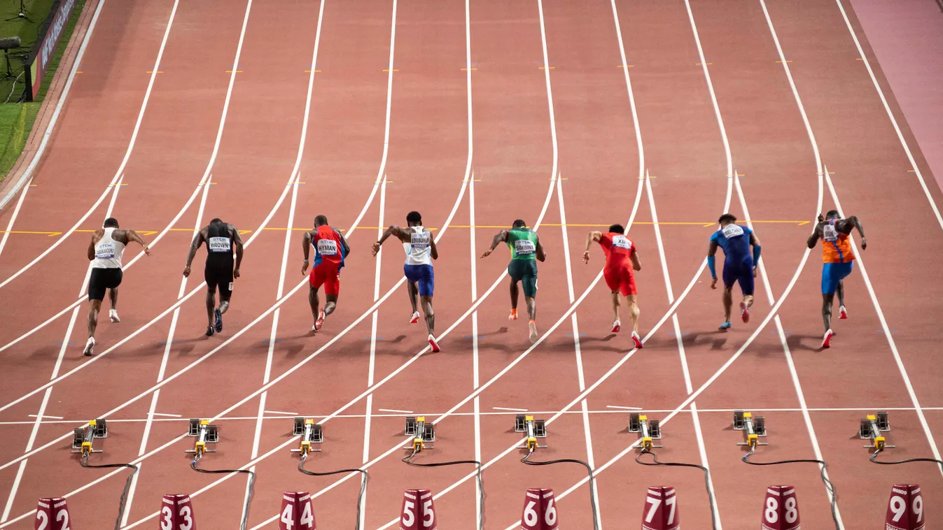 World Athletics Championships 2019 in Doha. ATHLETICS Qatar QUALIFICATION symbol photo Track and Field Sport Sports 19 100 METERS database feature World Athletics Championships preliminaries ATHLETE start SYMBOL the starts LA sports 100 meters men IAAF Wo