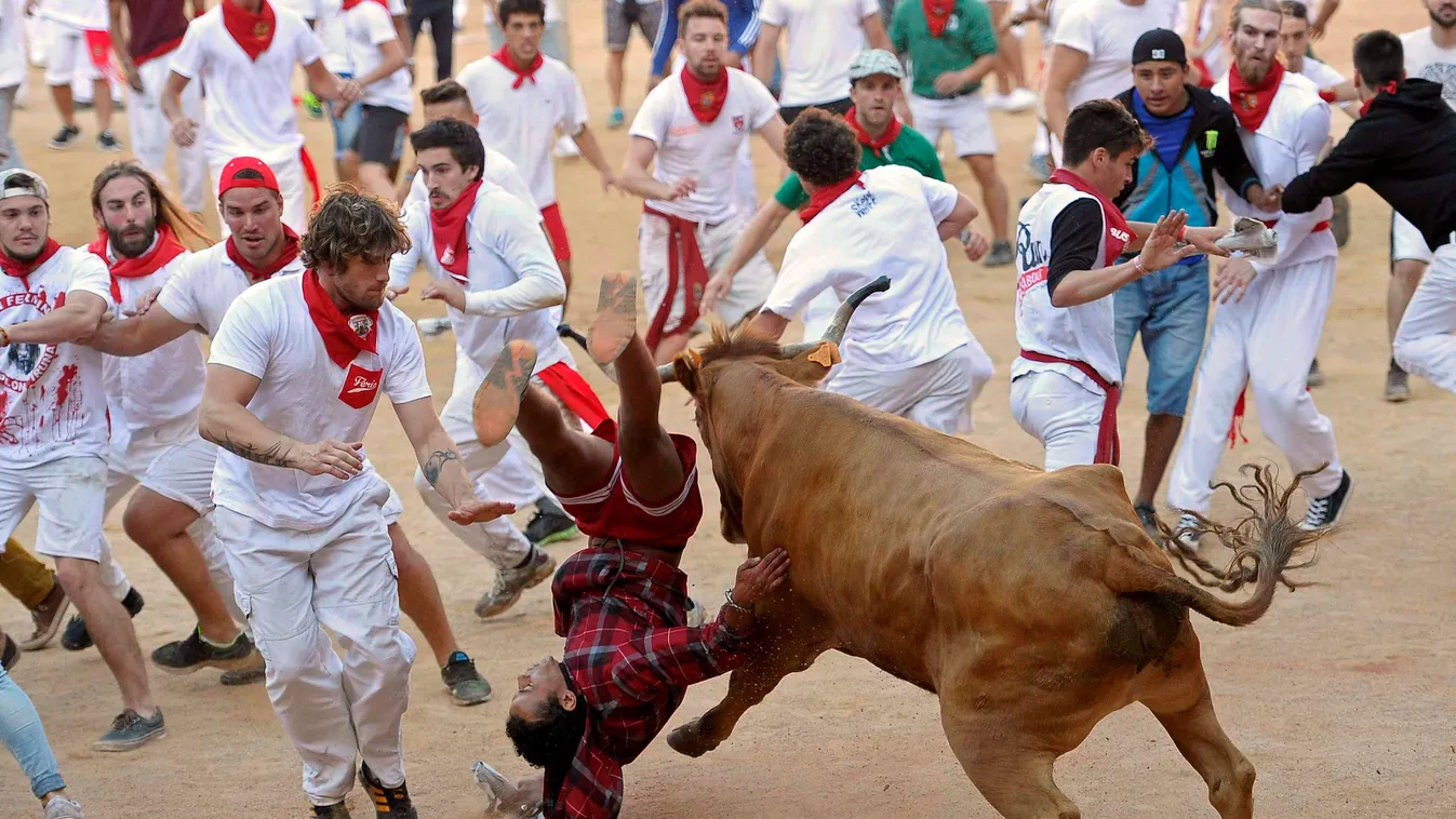 Egy bika fellök egy résztvevőt a San Fermín fesztivál bikafuttatásán Pamplonában. A spanyol város védőszentjének tiszteletére 1591 óta évente megrendezett kilencnapos fiesta egyik fő attrakciója a reggelenkénti bikafuttatás 