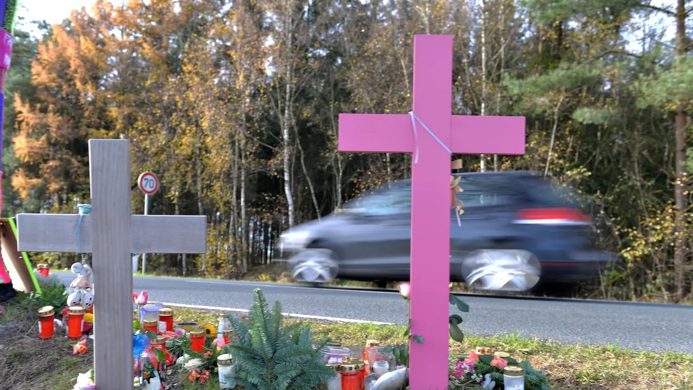 Crosses at county road K7 road fatality road fatalities road casualty road casualties morning DEATH CROSS religious symbols HORIZONTAL 