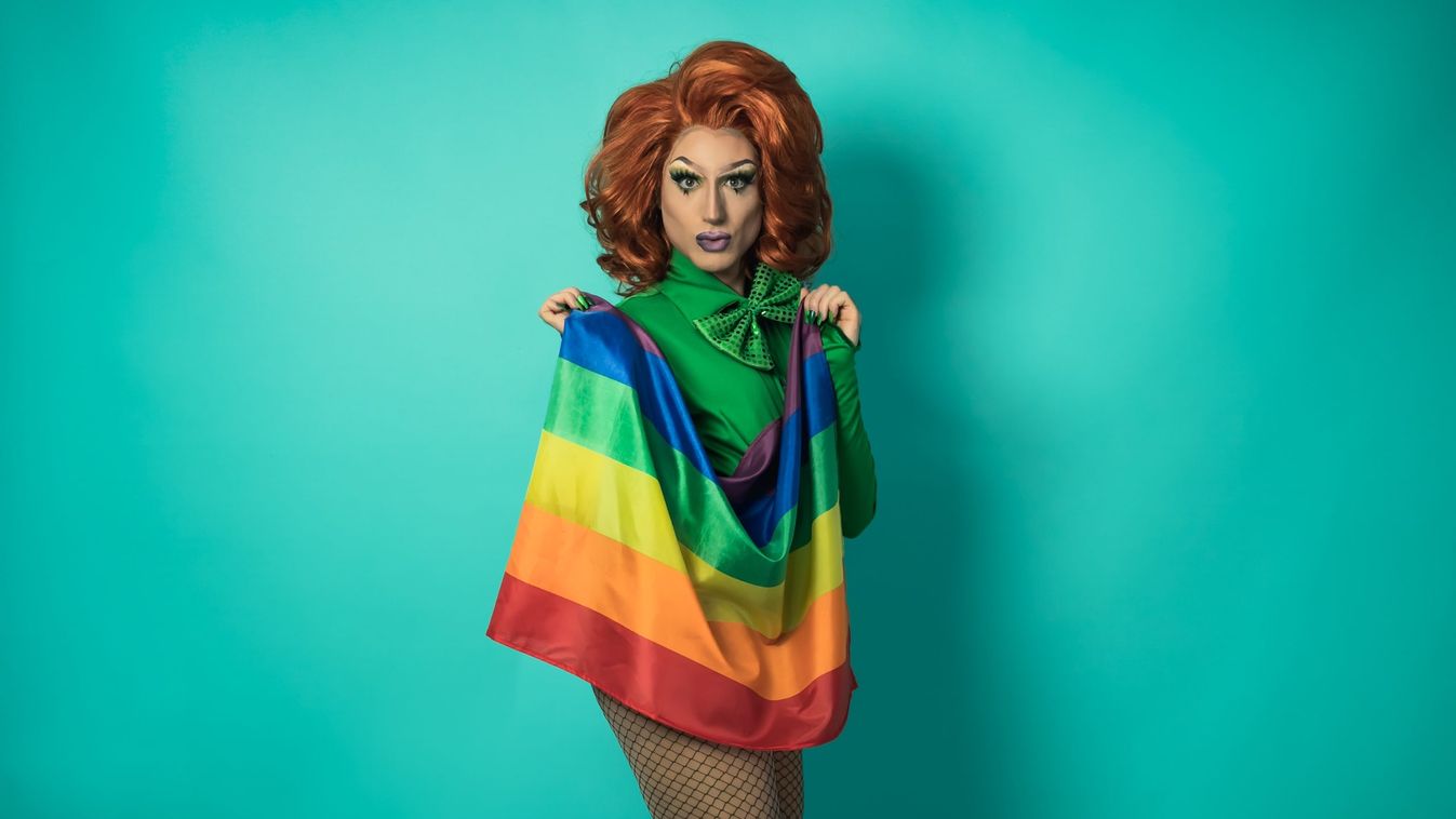 Happy,Drag,Queen,Celebrating,Gay,Pride,Holding,Rainbow,Flag,- makeup,happy,dressing,transsexual,fluid,drag,day,transgender,tra 