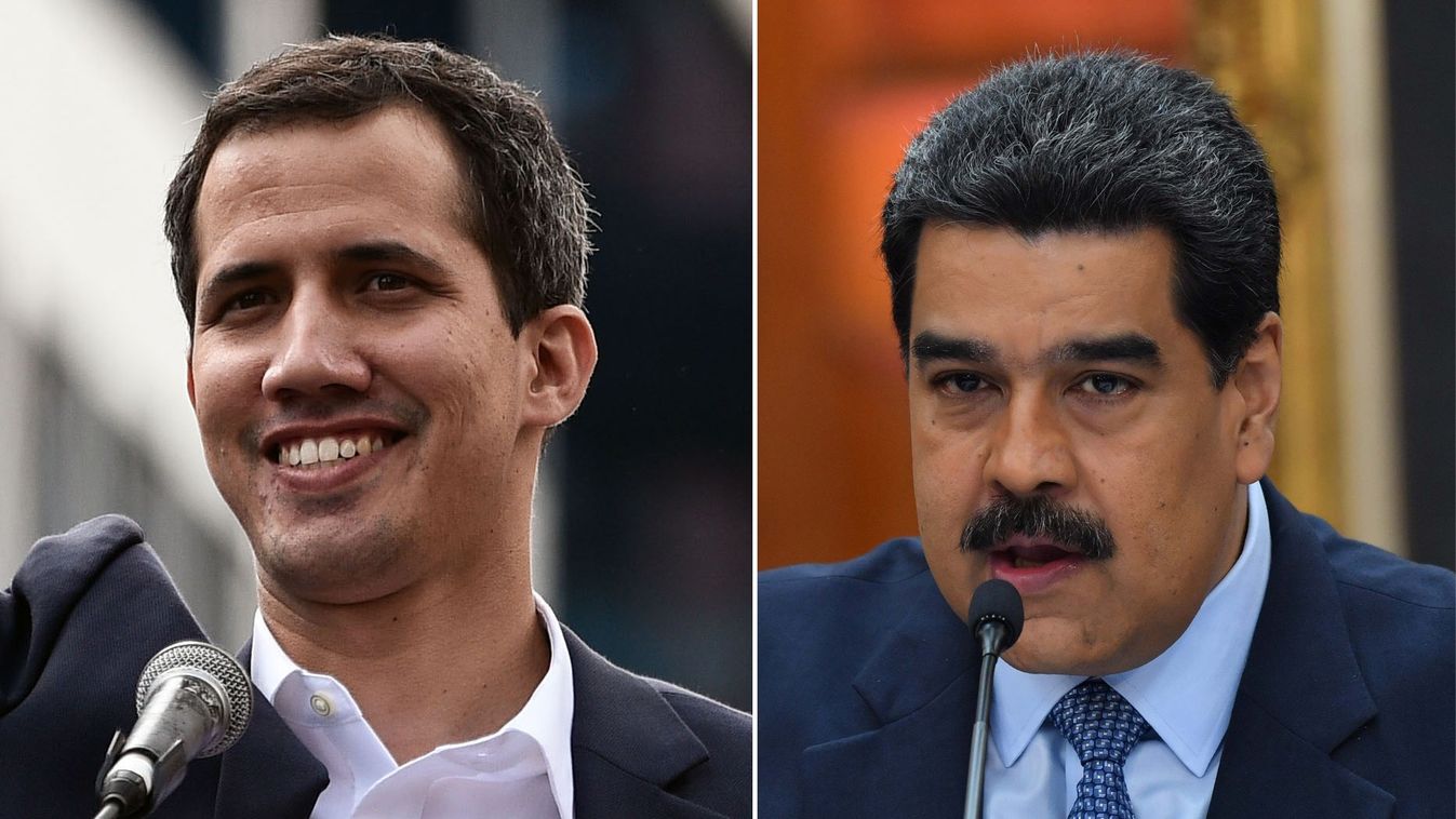 Horizontal COMBO PHOTO POLITICAL CRISIS HEADSHOT (COMBO) This combination of pictures created on January 24, 2019 shows (L) Venezuela's National Assembly head Juan Guaido waving to the crowd during a mass opposition rally against leader Nicolas Maduro in 
