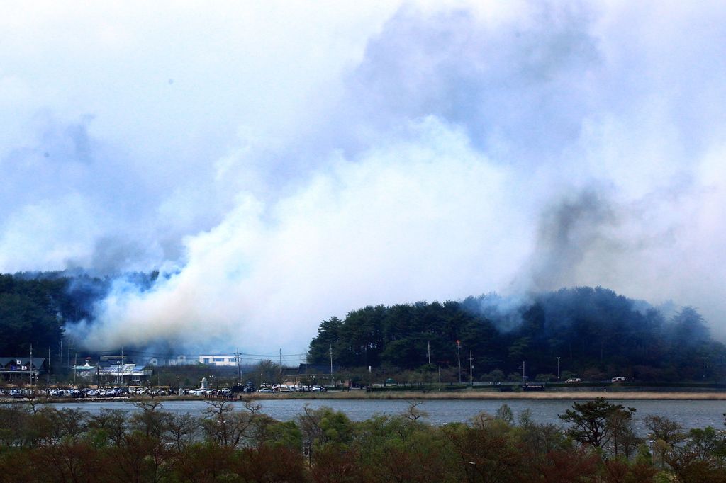 Erdőtűz Dél-Korea tengerpart üdülőhely, Kangnung, 