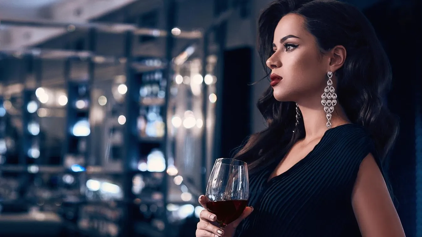 Gorgeous young brunette woman in dark dress with wine adult attractive bar beautiful beauty black brunette burn caucasian curly dress elegance elegant fashion female girl glamour gorgeous hair hairstyle happy interior legs leisure lifestyle lounge luxury 