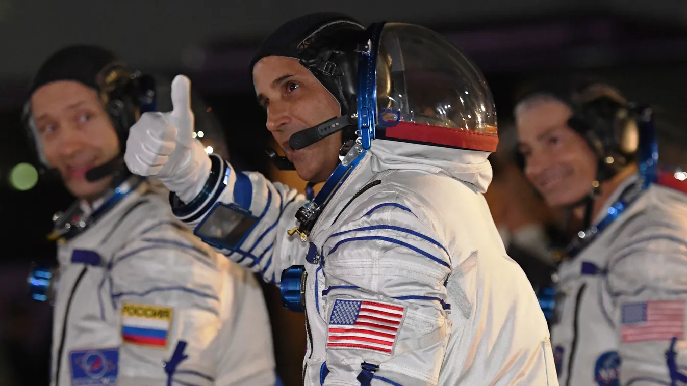 space Horizontal Members of the International Space Station (ISS) expedition 53/54, US astronauts Joseph Akaba (C) and Mark Vande Hei (R) and Russia's cosmonaut Alexander Misurkin attend a sending-off ceremony in the Russian-leased Baikonur cosmodrome in 