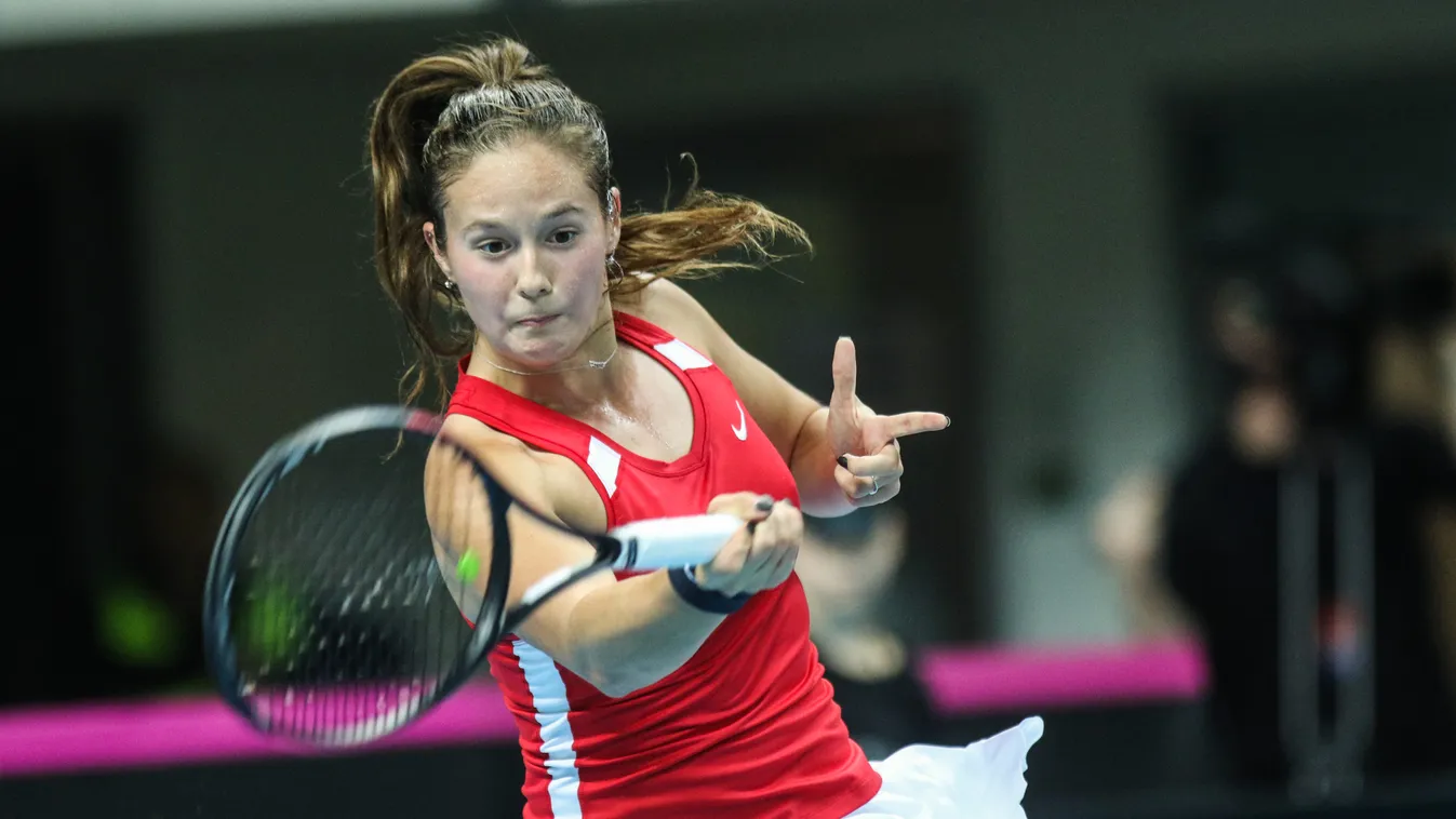 Russia v Denmark - Tennis 2019 Fed Cup Fed Cup Rosja - Dania TENNIS Racquet sport Racket Tennis player BADMINTON CHAMPIONSHIP Sports Competition event INDIVIDUAL SPORTS SPORTS EQUIPMENT person SPORT WOMAN holding PLAYER hitting Paribas Europe Africa Zone 