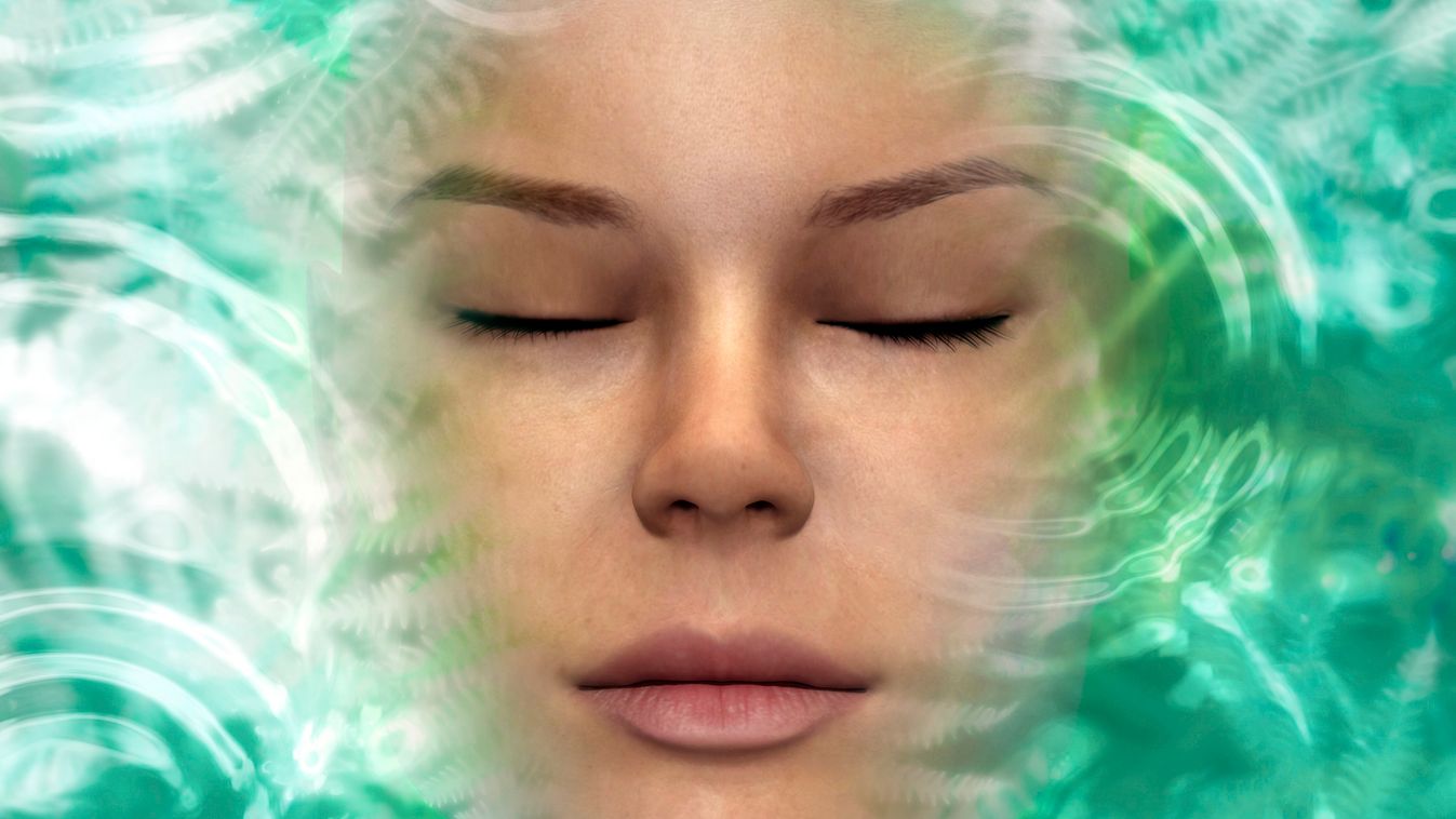 Álom, rémálom ARTWORK ILLUSTRATION CONCEPT HUMAN BODY HUMAN HEAD TOP SECTION HUMAN BODY PART CLOSE UP GREEN BACKGROUND FEMALE LIKENESS FEMALE REPRESENTATION FRONT VIEW FACE DREAM DREAMING ACTIVITY IMAGINATION VERTICAL Dreaming, conceptual c 