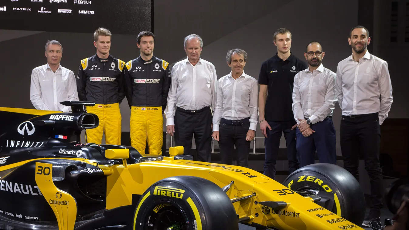 Forma-1, Renault, bemutató, Nico Hülkenberg, Jolyon Palmer, Alain Prost, Cyril Abiteboul 