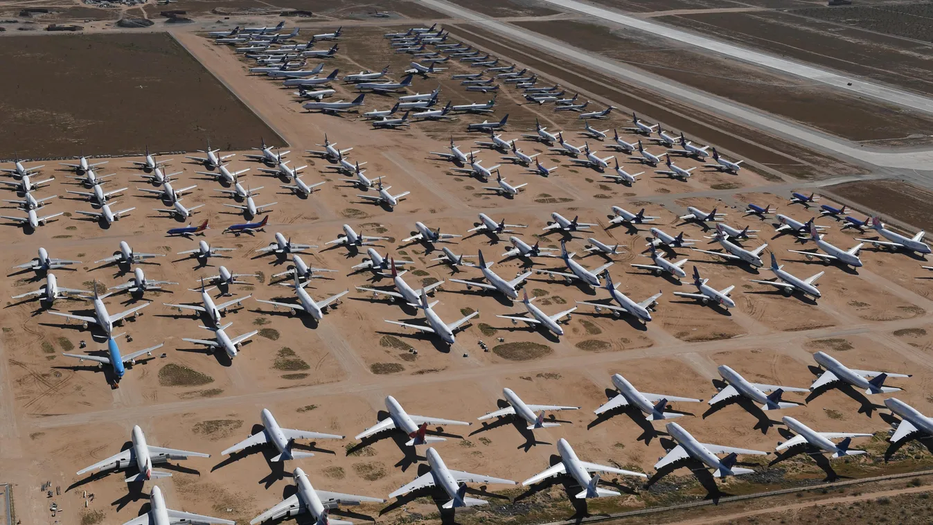 parkoló repülőgépek, koronavírus, repülőtér, boneyard, Egyesült Államok, Kalifornia 