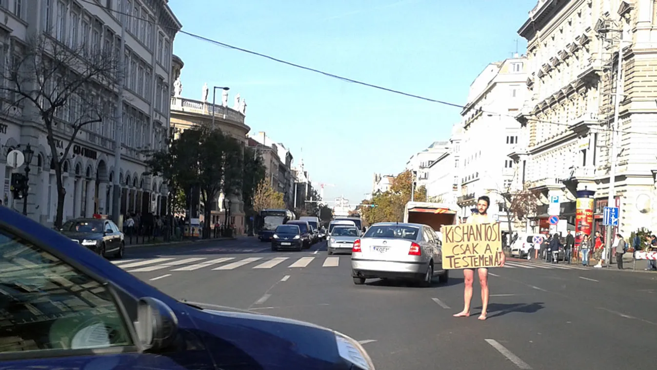 Meztelenül tiltakozik egy férfi 
a kishantosi gazdaságért
A Deák térnél áll egy táblával 
a nyakában