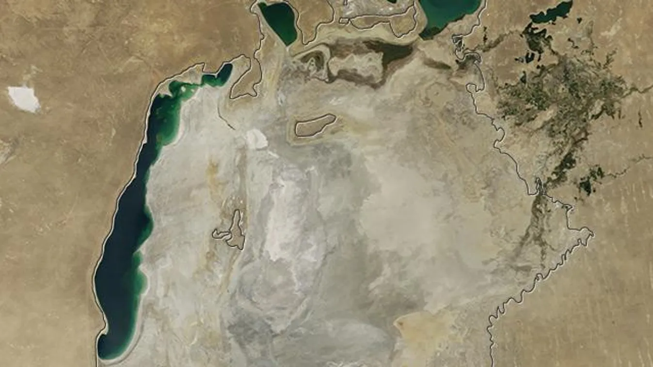 Aral-tó, kiszáradás, 2014. augusztus 19., műholdkép, NASA Terra MODIS 