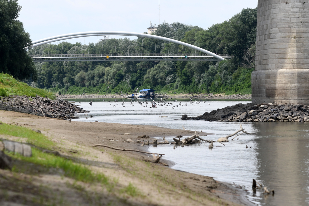 FOLYÓ folyópart Tisza TÁJ híd KÖZLEKEDÉSI LÉTESÍTMÉNY 	Nagyon alacsony a Tisza vízállása 
