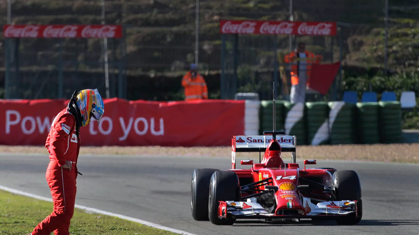 Alonso, Fernando Jerez, 2014. január 30.
Fernando Alonso, a Forma-1-es autós gyorsasági világbajnokságban szereplő Ferrari csapat spanyol versenyzője, miután a csapat új, 2014-es szezonra épített F14T versenyautója leállt tesztelés közben a dél-spanyolors