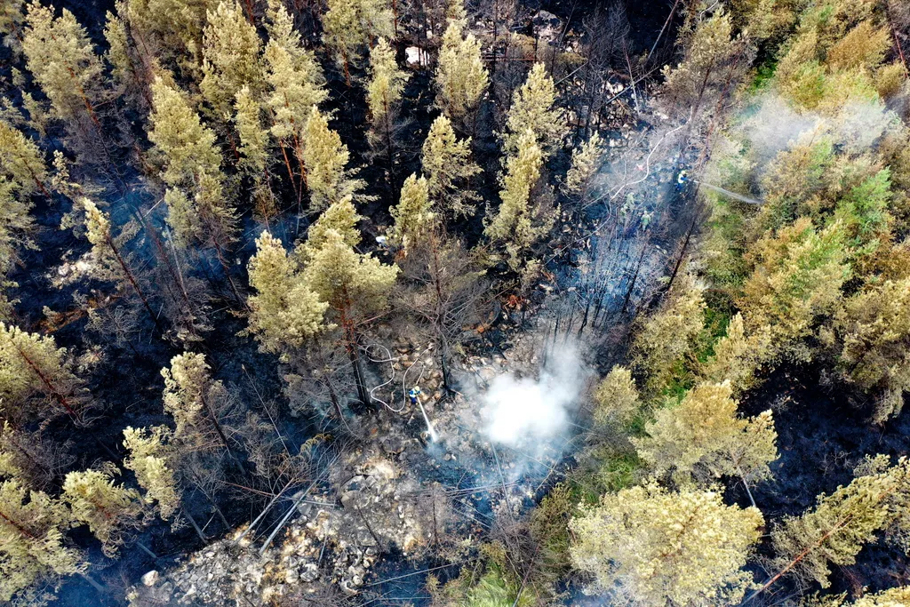 Kalajoki, 2021. július 31.
Tűzoltók dolgoznak a finnországi Kalajokiban 2021.  július 31-én. Az országban az elmúlt fél évszázad legsúlyosabb erdőtüze pusztít. Már napok óta ég az erdő az ország északnyugati részén, ami a szokatlanul száraz és meleg nyárral hozható összefüggésbe. Szerte az országból küldtek tűzoltókat a Helsinkitől ötszáz kilométerre északra fekvő Kalajoki folyó völgyébe, ahol 250 tűzoltó és katona, illetve négy helikopter oltja a lángokat.
MTI/AP/Lehtikuva/Aki Paavola 