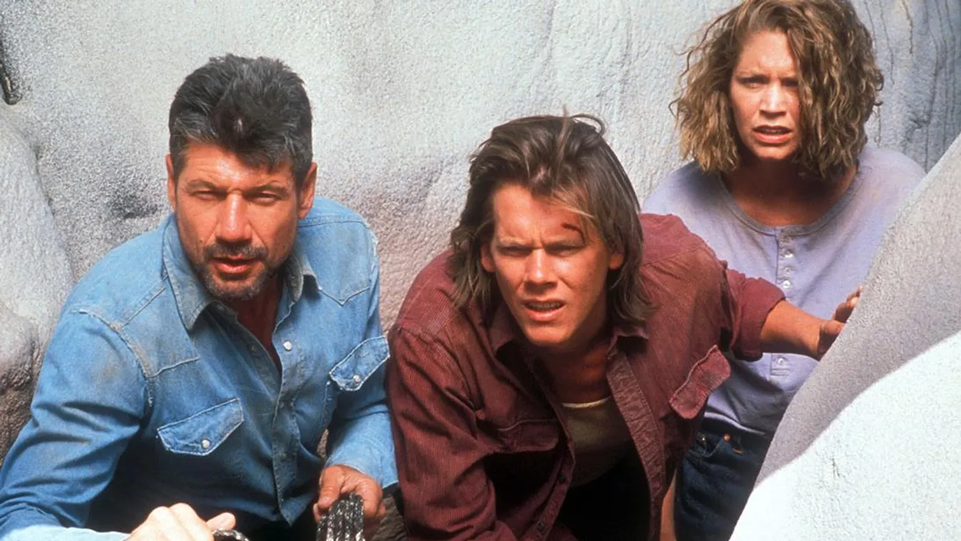 1990s action comedy desert drama horror sci-fi thriller Tremors (1990)
Directed by Ron Underwood
Shown from left: Fred Ward, Kevin Bacon, Finn Carter 