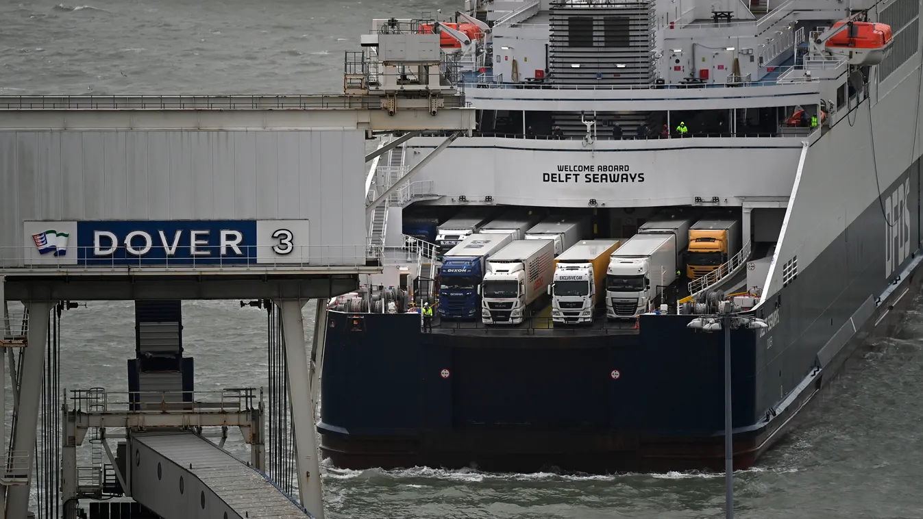 politics transport Horizontal BREXIT Freight lorries are seen aboard a docking DFDS ferry at the port of Dover on the south coast of England on December 18, 2020. - Questions were asked in the House of Lords on December 17 on the government's state of pre