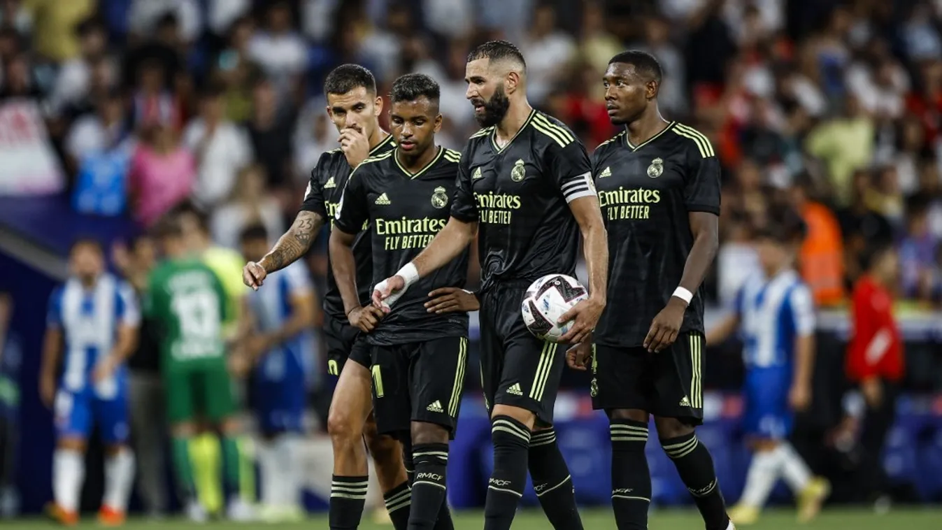 RCD Espanyol V Real Madrid - La Liga RCD Espanyol espanyol Real Madrid madrid la liga 2022 barcelona Small group of People Rodrygo David Alaba Karim Benzema Full lenght La Liga match RCD Stadium August 28th ball Cornella Horizontal FOOTBALL PHOTO 